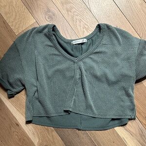 Altar’d State Cropped Waffle V-Neck Top in Olive Green